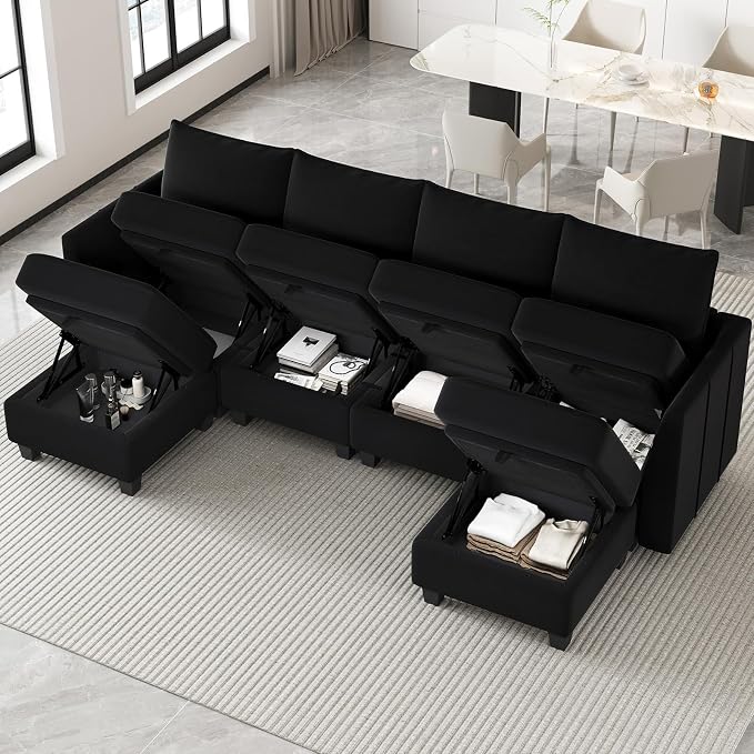 Belffin Modular Sectional Sofa U Shaped Couch with Storage Velvet Sectional Couch for Living Room Black