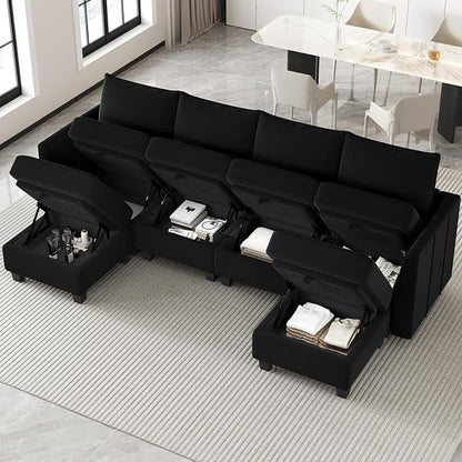 Belffin Modular Sectional Sofa U Shaped Couch with Storage Velvet Sectional Couch for Living Room Black