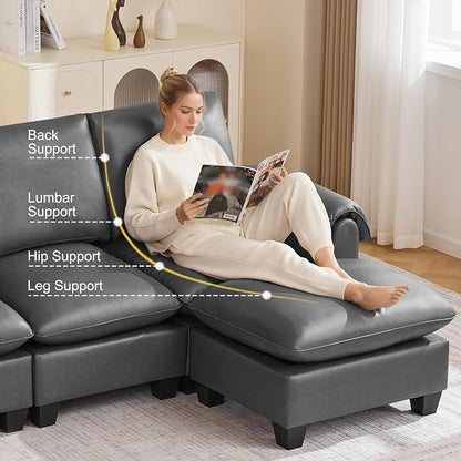 96" Faux Leather Modular Sectional Sofa with Movable Ottoman, Oversized 3 Seater Couch with Curved Armrests, Cloud Modern L-Shaped Sofa Deep Seat for Living Room, Grey