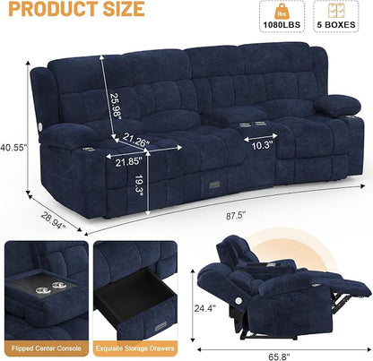 Dresegmt Recliner Sofa Set with Storage Console, Flip Middle Backrest Design 3 Seater Reclining Sofa and 2PC Single Recliner Chair, Manual Couches for Living Room (Blue, 3 Seat+Console+1+1)