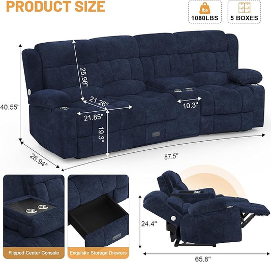 Dresegmt Recliner Sofa Set with Storage Console, Flip Middle Backrest Design 3 Seater Reclining Sofa and 2PC Single Recliner Chair, Manual Couches for Living Room (Blue, 3 Seat+Console+1+1)