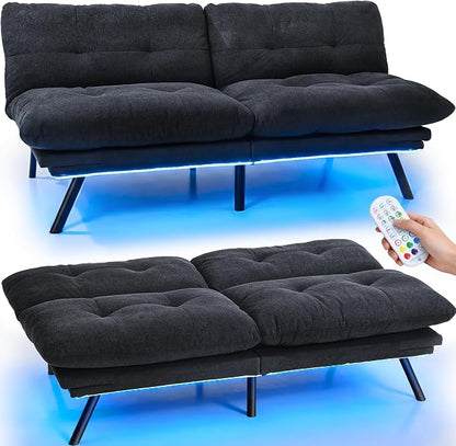YITAHOME Convertible Futon Sofa Bed with Adjustable 3 Color Light Strip, 70" Folding Futon Set for Living Room Home Office Aprtment, Modern Futon Couch with Adjustable Backrest & Armrests, Black