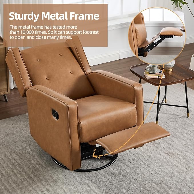 CANMOV Swivel Rocker Recliner Chair, Nursery Glider Chair, Nursery Rocking Chairs, Manual Reclining Chair, Brown