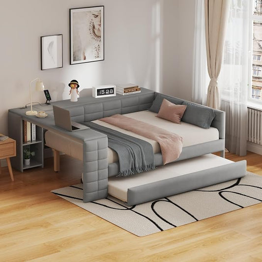 Bellemave Full Corner Bed Frame with Trundle and Storage Shelves and Desk, Wood Full Size Upholstered Daybed with Trundle and Charging Station, Gray
