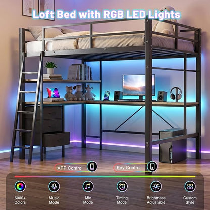 Cryrature Full Size Loft Bed with L-Shaped Desk, Charging Station,LED Lights,Heavy Duty Metal Loft Bed Frame with 3 Fabric Drawers & Open Shelve,No Box Spring Needed, Black