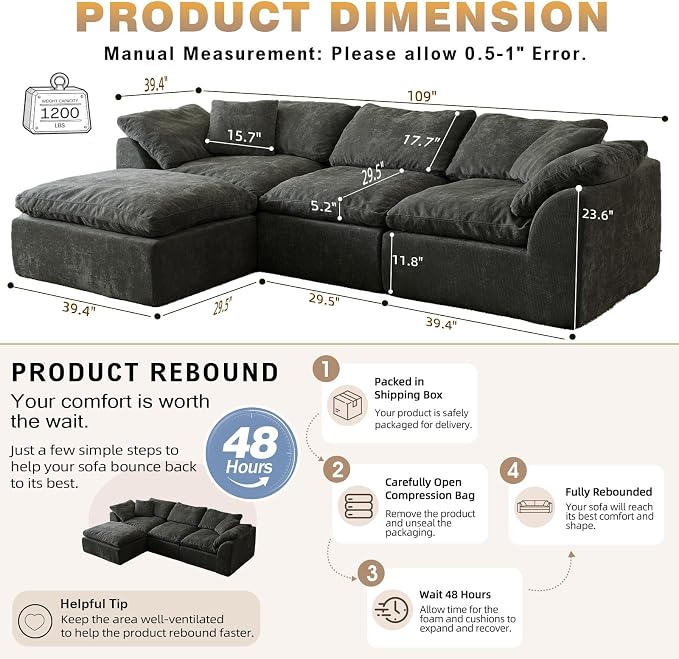 109" Boneless Cloud Couch Sectional for Living Room, Oversized Modular L Shaped Sofa with Ottoman, Deep Seat Chenille Sectional Couch for Cloud-Like Comfort (Onyx Black)