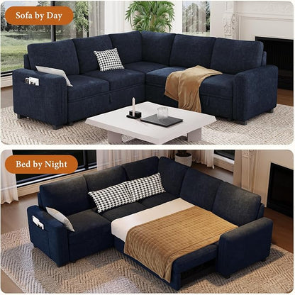 Vesgantti 88.4" Sleeper Sectional Couch with Pull Out Bed, 5 Seater L Shaped Modular Sectional Sofa with Storage, Comfy Chenille Modular Sofa for Living Room, Bedroom, Apartment, Blue