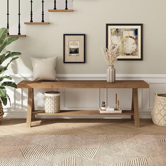 RowyPoey 54" Solid Wood Bench, Long Farmhouse Entryway Bench with Storage Shelf, Triangular Leg Design, Narrow Rustic Benches for Hallway, Bedroom, Dining, Kitchen, Easy Assembly
