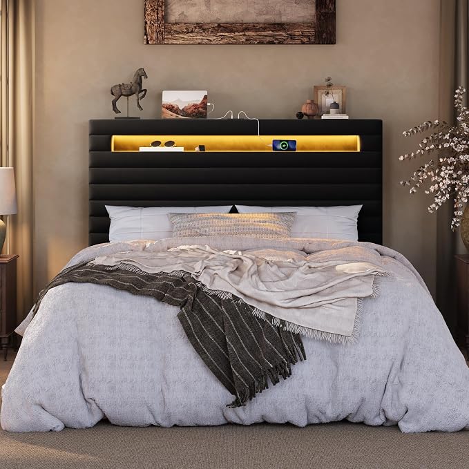 SHA CERLIN Full Bed Frame with LED Light & 2-Tier Storage Shelf, Velvet Upholstered Adjustable Headboard with Charing Station, Horizontal Channel Tufted, No Box Spring Needed, Easy Assembly, Black