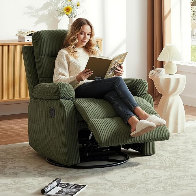 Rocking Recliner Chair,Modern Swivel Glider Recliner Chair,Corduroy Fabric Upholstery Recliner,Manual Reclining Sofa Chair for Living Room,Office,Apartment (Green)