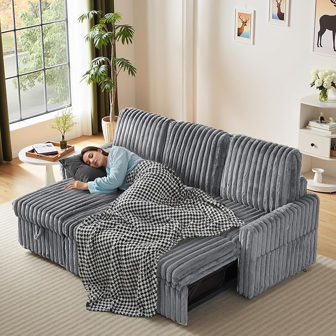 KCGKCG Sleeper Sofa Bed, 81” Pull Out Couch Bed with Reversible Storage Chaise, 3 in 1 L-Shaped Couch with Charging Station, Cup Holder, Side Pocket, Plush Corduroy Couches for Living Room(Light Grey)
