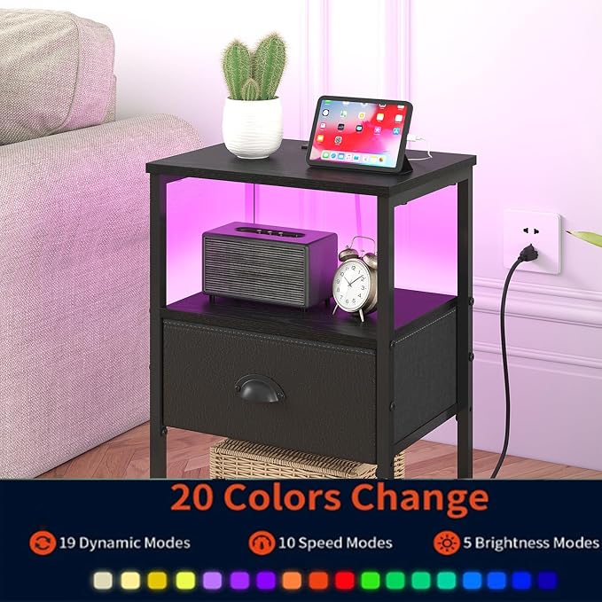 sthmec Nightstands Set of 2, LED Night Stands with Charging Station and Fabric Drawer, Bedside Tables with Drawers, 2- Tier LED Side Tables End Table Charging Station Bedroom, Black