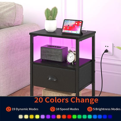 sthmec Nightstands Set of 2, LED Night Stands with Charging Station and Fabric Drawer, Bedside Tables with Drawers, 2- Tier LED Side Tables End Table Charging Station Bedroom, Black
