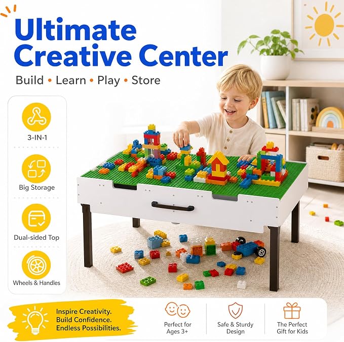 Taladad&kydspac 3 in 1 Table with Storage,Wooden Kids Activity Table Compatible with Lego and Building Block,Construction+Train+Chess Toddler Play Table,Wheels for Under Bed or Sofa Storage