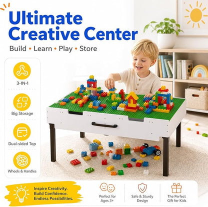 Taladad&kydspac 3 in 1 Table with Storage,Wooden Kids Activity Table Compatible with Lego and Building Block,Construction+Train+Chess Toddler Play Table,Wheels for Under Bed or Sofa Storage