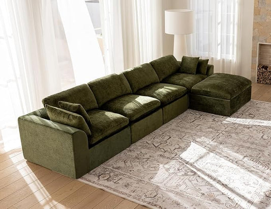 146" Modular Sectional Sofa – Modern Cloud Couch with Deep Chenille Seats, L-Shaped Boneless Sofa, Pet-Friendly, No Assembly, Olive Green (4 Seater + 1 Ottoman)