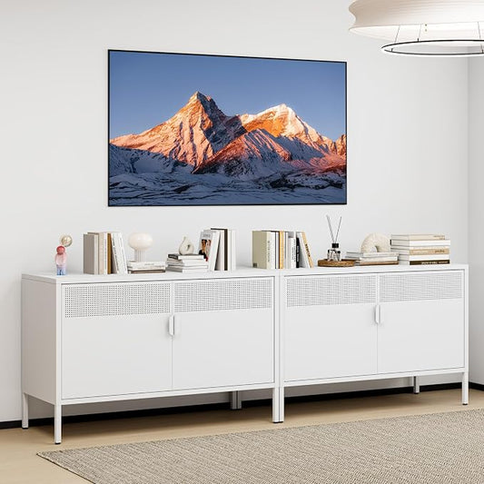 White Metal Storage Cabinet with 2 Magnetic Doors and Shelves, 2-Tier Low Metal Locker Accent Storage Cabinet with Vent Hole & Legs, TV Stand for Home Office, Entryway & Living Room