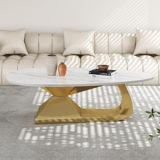 51.2-Inch Modern Oval Marble Coffee Table with Sturdy Gold Stainless Steel Base - Elevate Your Living Room with Style & Luxury, Scratch-Resistant & Easy Assembly.