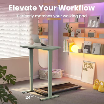 HUANUO 32x19 Inch Small Electric Standing Desk, Adjustable, Sage Green | Compact Home Office Desk, 176lbs heavy duty lifting with 4 height presets. M8 screw holes ready for DIY mobile wheels