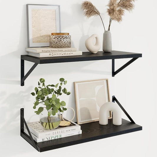 Axeman 10 Inch Deep Black Floating Shelves for Wall Set of 2 | 24 Inch Black Wood Shelves for Books, 24'' x 10'' Black Shelves for Living Room Bathroom Kitchen
