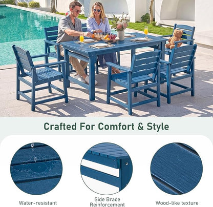Furnimart Outdoor Dining Set for 6, 67" HDPE Dining Table and Chairs, All-Weather 7 Piece Patio Dining Set with Umbrella Hole, Outdoor Furniture Set for Backyard, Garden, Lawn & Poolside, Blue
