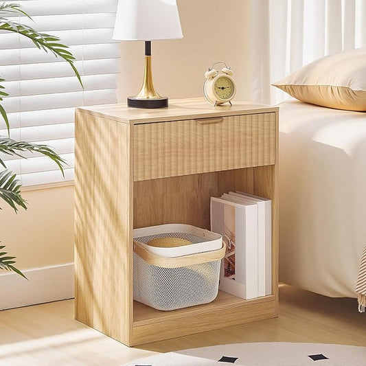 HOOBRO Fluted Nightstand, Modern Bedside Table with 1 Drawer and 1 Open Compartment, Wooden End Table with Metal Handle, for Bedroom and Office, Natural NL208BZ01