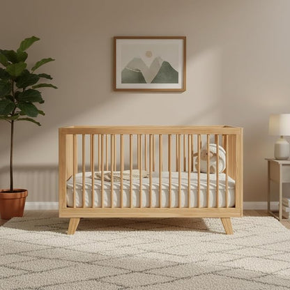 3-in-1 Astin Convertible Baby Crib - Including Toddler Guard Rail, Grows with Your Baby, Converts to Toddler Bed & Day Bed, 4 Adjustable Support Base Height | Natural with Guard Rail