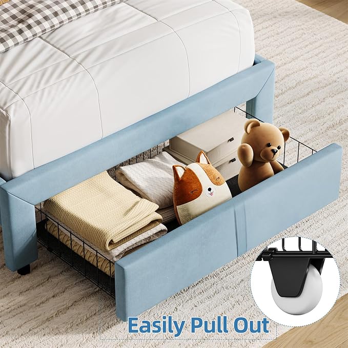 GarveeHome Twin Bed Frame with Drawer, Velvet Upholstered Platform Bed Frame with Storage Headboard, No Box Spring Needed, Easy Assembly, Noise-Free, Blue