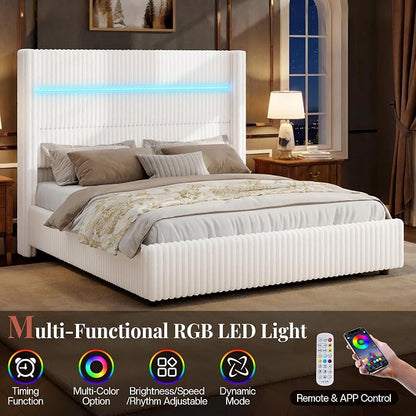 Jocisland King Size Corduroy Upholstered Bed Frame with 4 Storage Drawers & 51.2" Tall Wingback Headboard, LED Platform Bed with Charging Station, Easy Assembly, No Box Spring Needed, White