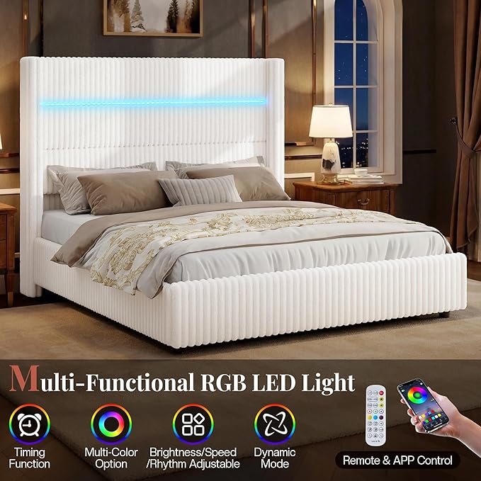 Jocisland Queen Size Corduroy Upholstered Bed Frame with 4 Storage Drawers & 51.2" Tall Wingback Headboard, LED Platform Bed with Charging Station, Easy Assembly, No Box Spring Needed, White