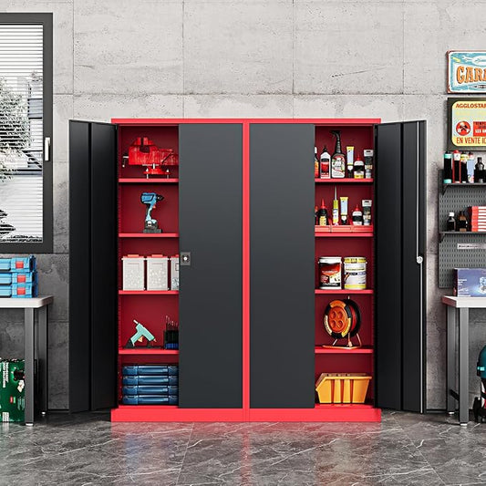 Fesbos Metal Storage Cabinet-72” Tall Steel File Cabinets with Lockable Doors and Adjustable Shelves-Black&Red Steel Storage Cabinet for Kitchen, Office, Garage