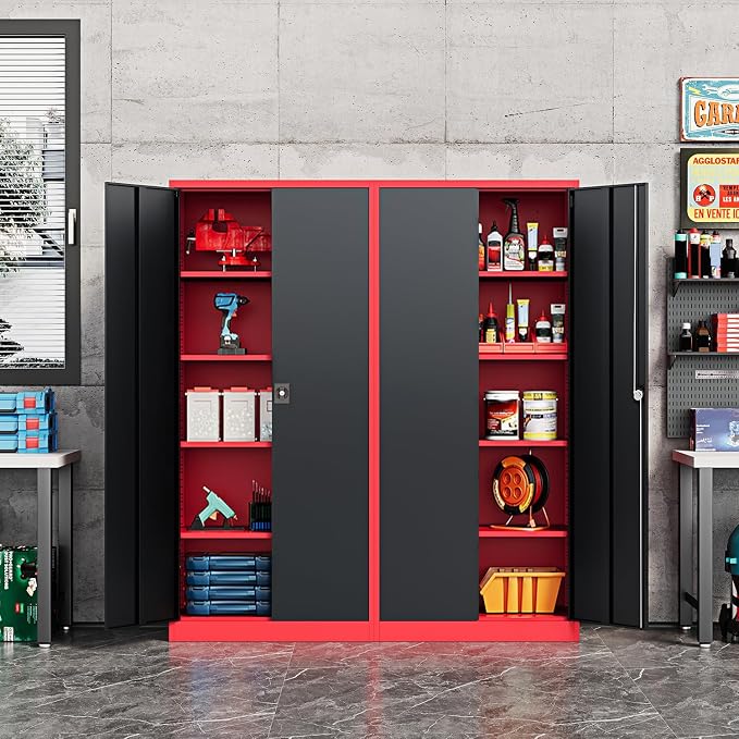 Fesbos Metal Storage Cabinet-71” Tall Steel File Cabinets with Lockable Doors and Adjustable Shelves-Black&Red Steel Storage Cabinet for Home,Kitchen, School, Office, Garage