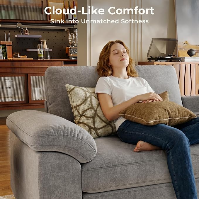 SITJOY Large Cloud Couch, 146" Wide 3 Seater Bed with Console, Light Gray | Detachable and Washable Chenille Cover Sectional Sofas for Living Room, Deep Seat Wide Couch with Chaise, Storage Ottoman