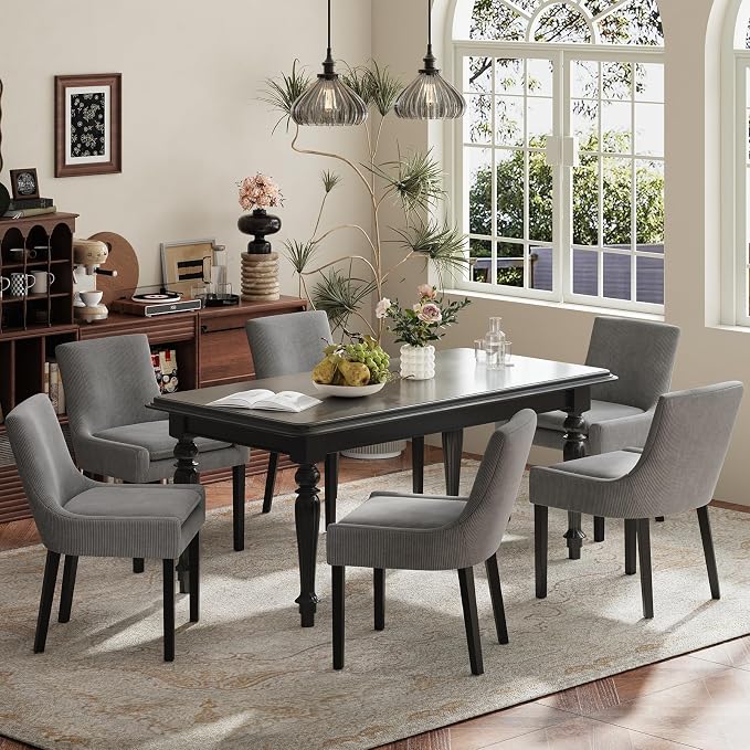 Modern Dining Room Chairs Set of 6 with Mid Back and Wood Legs, Upholstered Kitchen Chairs for Dining Room/Living Room, Dark Grey