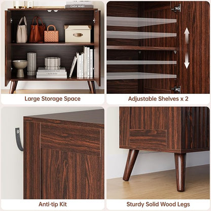 Walnut Sideboard Buffet Cabinet with Storage, 2 Doors Modern Fluted Buffet Cabinet for Living Room, Accent Credenza with Adjustable Shelves Entryway Storage Cabinets for Kitchen, Entryway