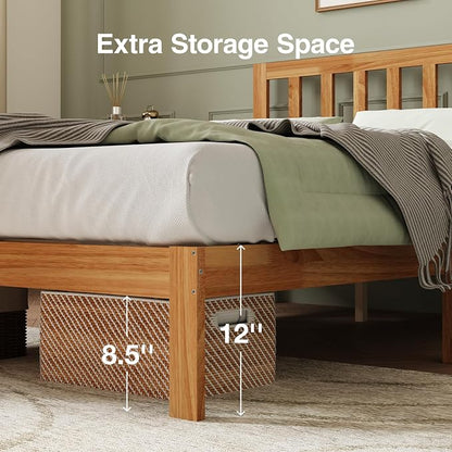 Novilla 12inch King Size Bed Frame Wooden King Bed Frame and Headboard, Classic King Size Bed Frame with Headboard, No Box Spring Needed, Easy Assembly, Natural