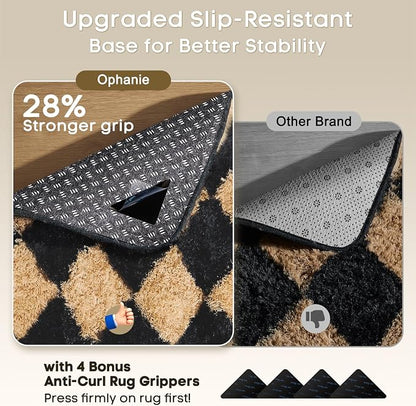 Ophanie Black & Beige Diamond Checkered Rugs for Living Room Bedroom,Rhombus Fluffy Soft Cute Fuzzy Area Rug,Plush Shaggy Bedside Floor 4x6 Furry Carpet Kids Dorm Decor with Over 99 pcs Pile fibers
