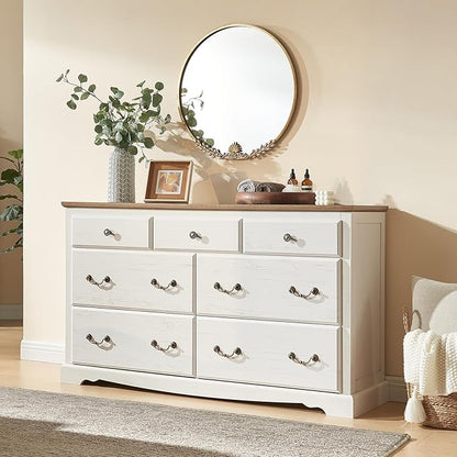 AMERLIFE Farmhouse 3 Pieces Bedroom Sets, Include 54" Wide 7 Drawers Dresser, Nightstand Set of 2 with Charging Station, Rustic Retro Bedroom Furniture Set, White