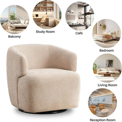 SOFTHION Swivel Accent Chair, Chenille Barrel Chair for Living Room, Cozy Round Boucle Arm Chair, Metal Base for Club Nursery Bedroom, Beige