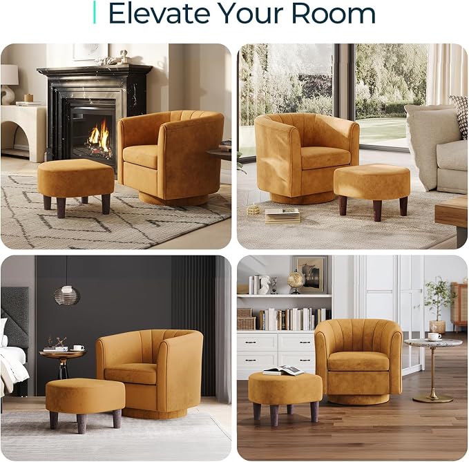 LINSY Swivel Accent Chair Ottoman Set: Velvet Larege Barrel Chair with Foot Rest, Modern Reading Chair Upholstered Armchair with Footrest for Living Room Bedroom Study Room Office (Yellow)