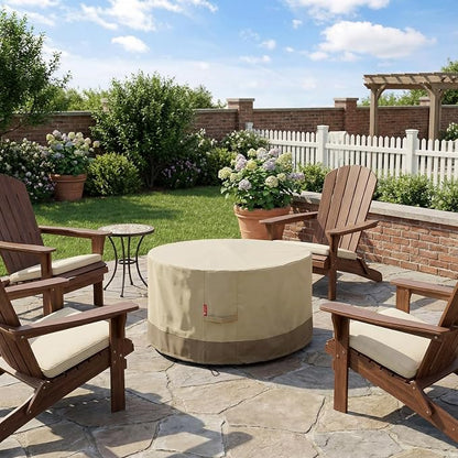 SheeChung Fire Pit Cover Round 50" D x 24" H,Waterproof 600D Material,Beige | PVC inner coating,Heavy Duty Outdoor Propane Fire Pit Cover,Tear & Fade Resistant,Fits Wood Burning Fire Pit Table/Fireplace