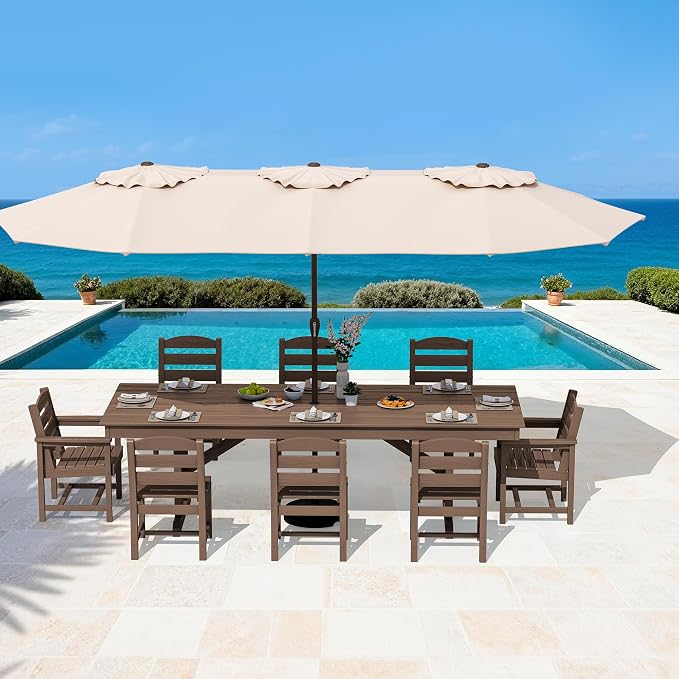 SERWALL 10 Piece 84" HDPE Outdoor Dining Set for 8 with 6 Armless Chair, 2 Armchairs and Umbrella, Brown