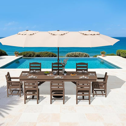 SERWALL 10 Piece 84" HDPE Outdoor Dining Set for 8 with 6 Armless Chair, 2 Armchairs and Umbrella, Brown