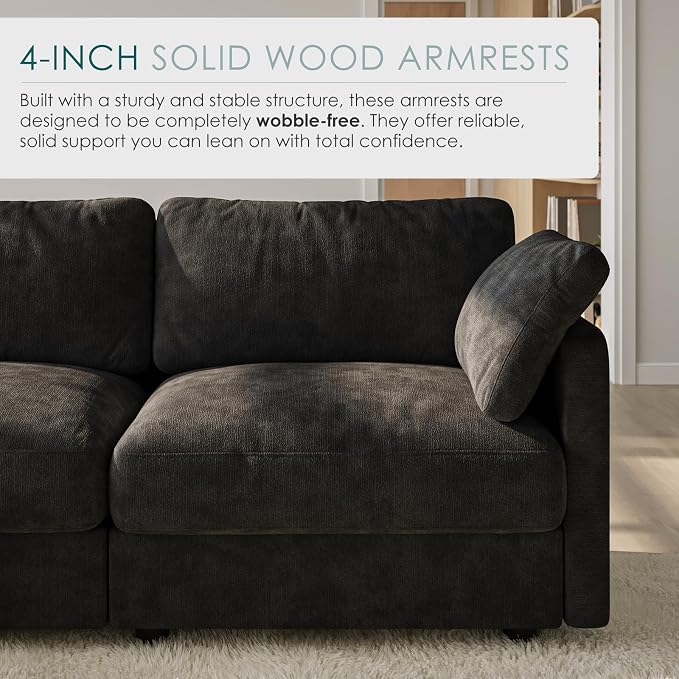 114" Cloud Couch Sectional Couches for Living Room Black | 10" High-Resilience Cloud Cushion, 36" Movable Ottoman, Plus-Size Friendly Couch, 28" Extra Deep Seat Sofa