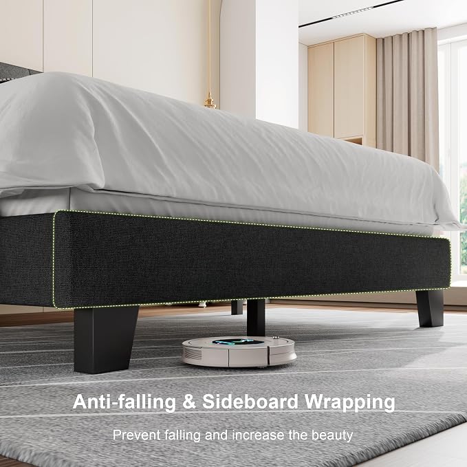 Feonase Queen Platform Bed Frame with Button Tufted Headboard, Upholstered Linen Bed with Wooden Slats Support, No Box Spring Needed, Easy Assembly, Noise-Free, Dark Grey