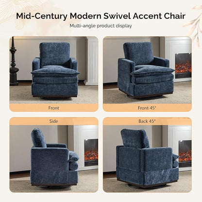 VINGLI 360°Swivel Mid-Century Modern Accent Armchairs Set of 2 with Double-Layer Seat Cushions, Comfy Single Square Sofa, Upholstered Club Chairs for Living Room,Bedroom, Reading Room, Chenille Blue