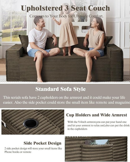 80.7" Boneless Sofa Couches with Cup Holder,3 Seat Couch with Side Pocket, Cloud Couch for Compact Living Rooms, Apartments (Brown, 3 Seat Sofa)