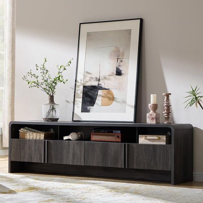 AMERLIFE 70" Modern TV Stand for TVs up to 80", Fluted Wood Entertainment Center with Storage Cabinets, Media Console Table for Living Room, Black
