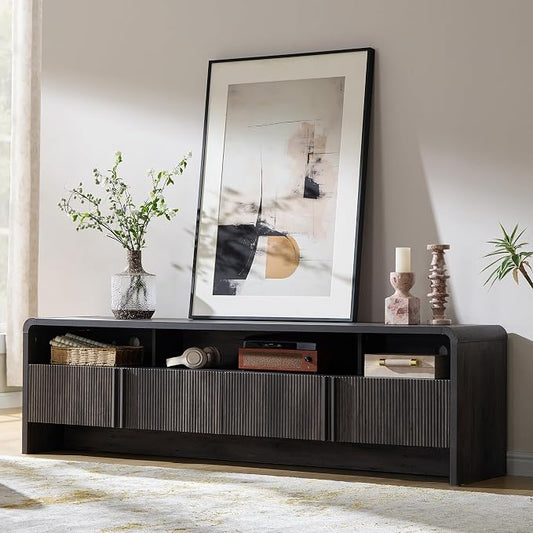 AMERLIFE 70" Modern TV Stand for TVs up to 80", Fluted Wood Entertainment Center with Storage Cabinets, Media Console Table for Living Room, Black