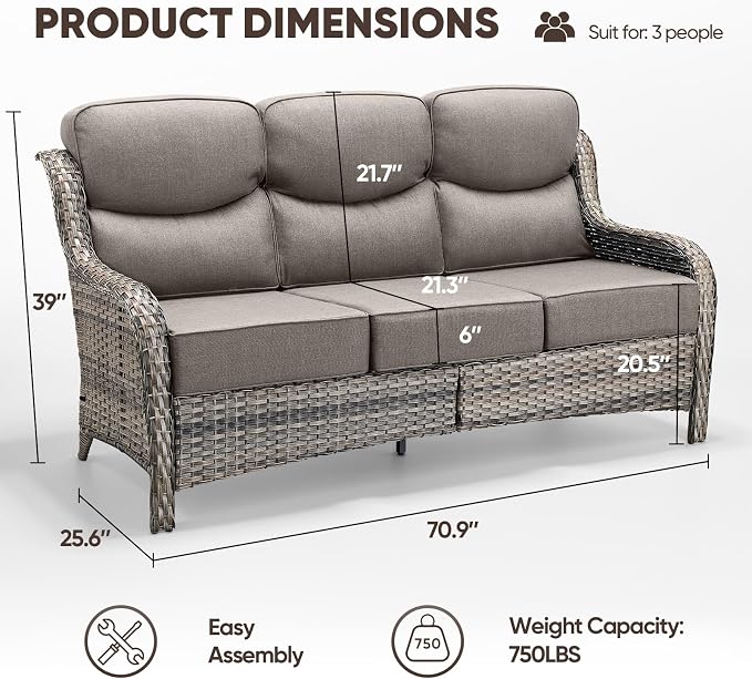 Luxury Patio Sofa 3-Seat Wicker Couch with 6" Thick Cushion - Outdoor Furniture Rattan Sofa with Deep Seating High Back for Patio Garden Balcony Sunroom Backyard, Grey | Grey